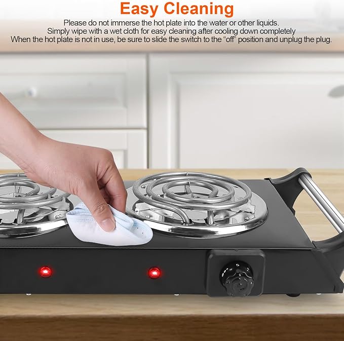 Hot Plate, 2000W Portable Electric Stove for Cooking with Stay Cool Handles & 5 Levels Adjustable Temperature, Countertop Double Coil Burner for Home RV Camp Compatible for All Cookwares,Black