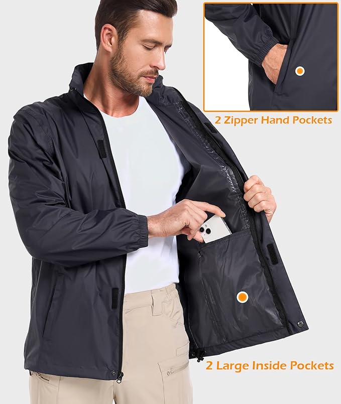 MANSDOUR Men's Packable Rain Jacket Waterproof Lightweight Windbreaker Cycling Golf Hiking Reflective Raincoat with Hood