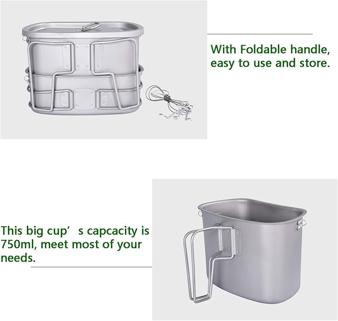 Boundless Voyage 750ml+400ml Titanium Military Mess Kit Ultralight Camping Cookware Set with Folding Handle & Hanging Rope Portable Canteen Cup for Outdoor Cooking, Hiking, Survival Ti2048C