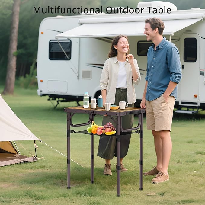 2ft Camping Table Foldable with Storage Net, 3 Adjustable Heights 27.5" Aluminum Small Portable Table with Carrying Handle, for Outdoor Indoor Picnic Beach Party Travel, 24" X 16", Brown