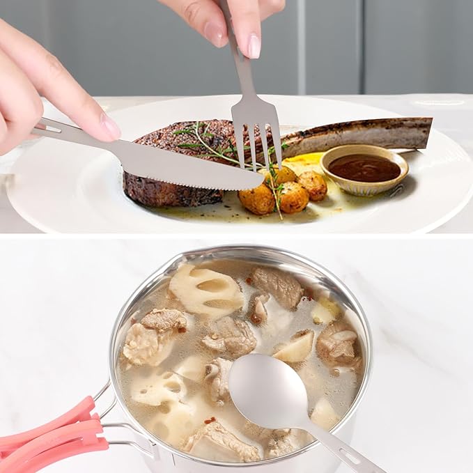 Pure Titanium Utility Cutlery Set, Portable tableware titanium utensil set with case, Pure Titanium Table Spoon Fork Chopsticks Knife set for Outdoor Travel Camping Backpacking (Total 5 PCS)