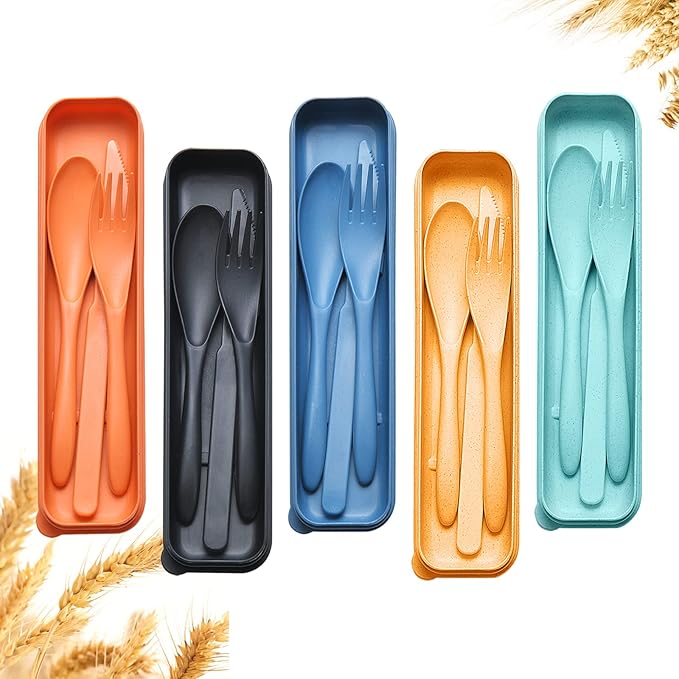 Reusable Travel Utensils Set with Case, 5 Sets Wheat Straw Portable Plastic Fork Spoons Knife Camping Cutlery, Eco-Friendly BPA Free Lunch Tableware for Kids Adults Travel Picnic Utensils