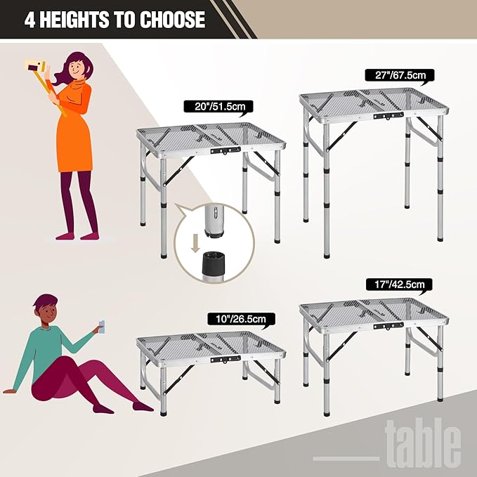 REDCAMP Small Folding Grill Table for Outside, 2Ft Lightweight 4 Height Adjustable Portable Metal Table with Mesh Desktop, Outdoor Table for Camping Picnic Beach and BBQ, Silver