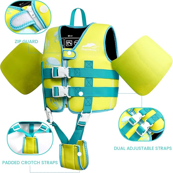 Gogokids Swim Vest for Kids Learn to Swim, Toddler Floaties Fit 20-50 lbs Girls & Boys, Buoyancy Jacket Swimming Aid with Duel Adjustable Safety Strap and Padded Crotch Straps