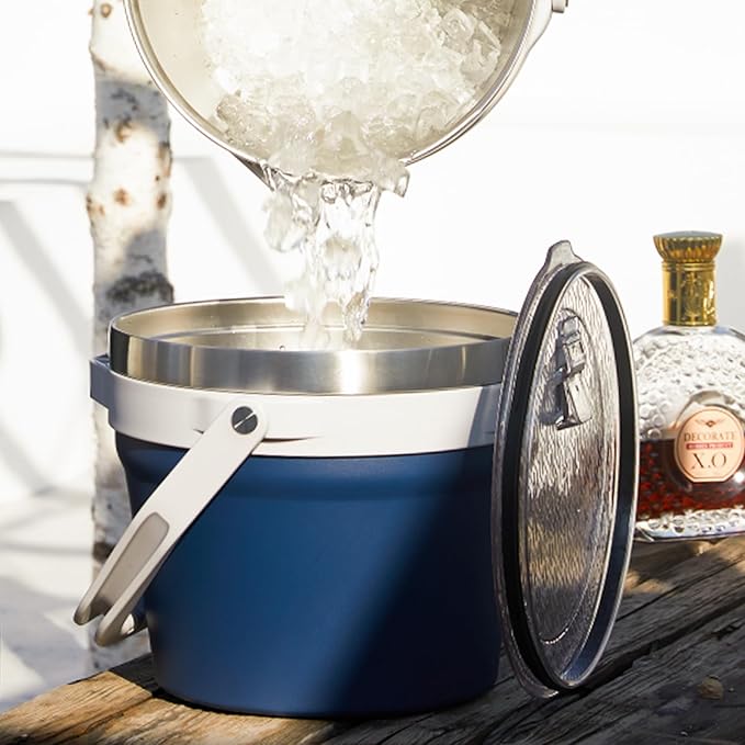 COKTIK 7L Vacuum Insulated Ice Bucket with Lid and Scoop& Tongs，Large capacity Stainless Steel Beverage Bucket for Cocktail, Champagne, Wine, Beer，Large Parties（Dark Blue Suit）