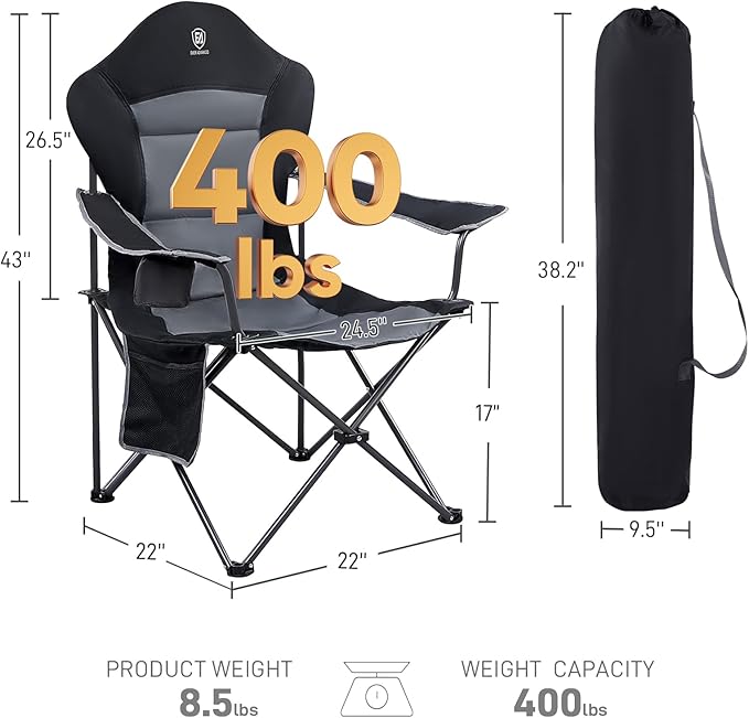 EVER ADVANCED Folding Camping Chair with High Back Padded 2 Pack Oversized Portable Lawn Chairs Lightweight Sturdy Steel Foldable Outdoor Camp Chair for Adults, Black
