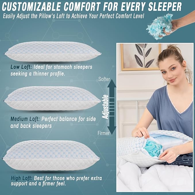 alkamto Cooling Shredded Memory Foam Pillow – Adjustable Gel for Personalized Support – Double-Sided Ice Silk & Soft Rayon – Lightweight, Compressible (White) (King)