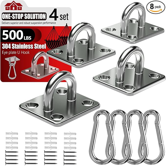 sprookber 304 Stainless Steel Pad Eye Snap Hooks, M5 Heavy Duty Ceiling Hooks, 500 lb Capacity Hammock Swing Hanging kit, Plant Hangers, Marine Hardware Staple Hook Loop with Screws, Set of 8