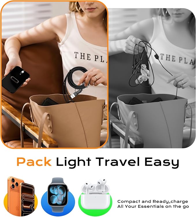 Temdan for Travel Vacation Essentials,3 in 2 USB C Cable for Apple Watch Charger/iPhone 17 Charger/Lightning,Multi Charging Cable Cord,Camping Essentials,Designed for iWatch &iPhone 16-12-6FT Black