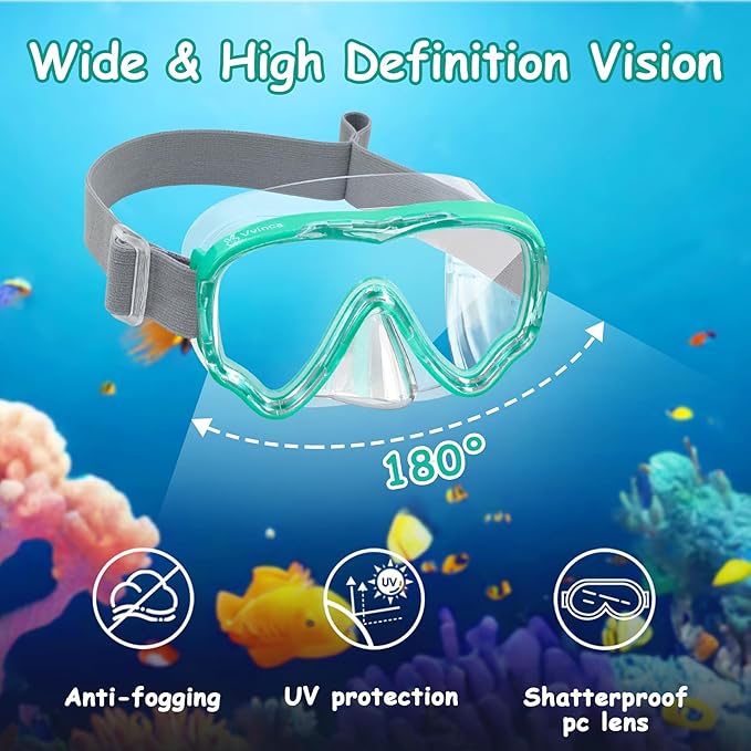 Vvinca Snorkeling Gear for Kids Dry Top Kids Snorkel Set for Boys Girls Junior Youth Children Age 4-14 Swim Goggles with Nose Cover Anti-Fog Panoramic View Adjustable Elastic Diving Mask and Snorkel