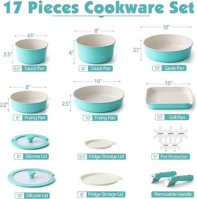 SENSARTE 17 Piece Ceramic Pots and Pans Set, Nonstick Detachable Handle Cookware, Induction Kitchen Cookware Set with Removable Handle, Dishwasher ＆ Oven Safe (Turquoise)