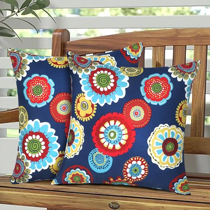 Magpie Fabrcis Pack of 2 Outdoor Waterproof Throw Pillow with Insert 18 x 18 Inch, Christmas Decorative Back Cushion Pad for Garden Patio Tent Balcony Couch Sofa(Floral Navy)