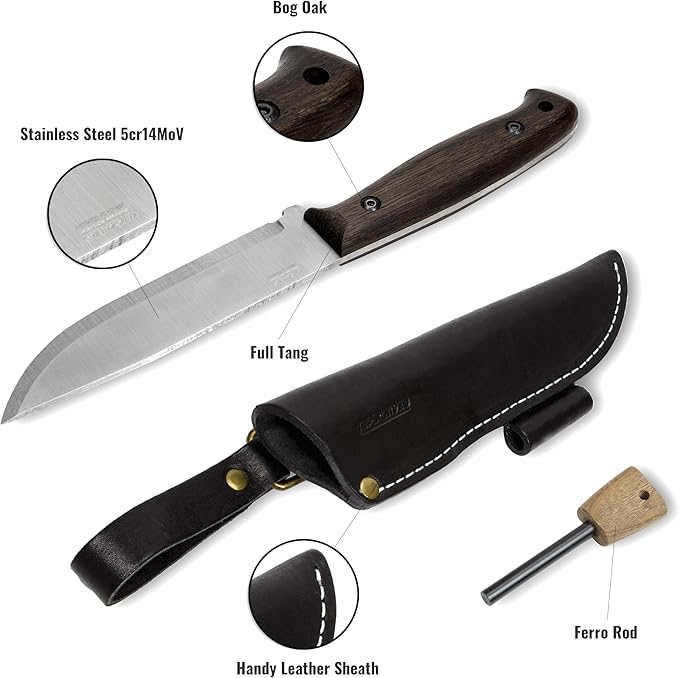 BPS Nighthawk Adventurer - Fixed-Blade Stainless Steel Survival Knife - Black Leather Sheath and Firestarter - Outdoor Full Tang Bushcraft Knife
