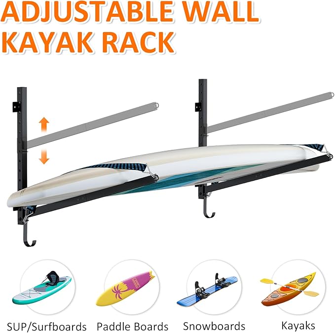 Kayak Storage Rack for Garage Wall Mount - Heavy L-Frame Holder with Anti-Slip Bungee & Complete Installation Kit, Supports 150LB (Fits Canoe/Paddle Board, Black) (2PACK)