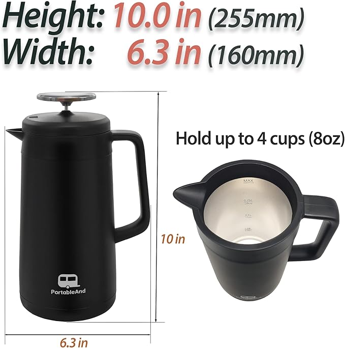 PortableAnd 34oz Double Vacuum Insulation Large Silicone French Press Coffee Maker, Metal Stainless Steel, Matte Black, Perfect for Camping, Travel, and At-Home Use (Light Gold)