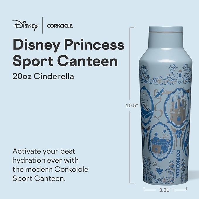 Corkcicle Disney Princess Sport Canteen - Keeps Drinks Cold for 25 Hours - Triple-Insulated Stainless Steel - Screw-On Cap - Summer Drinkware Gift - Keeps Drinks Ice Cold - 20 oz - Cinderella
