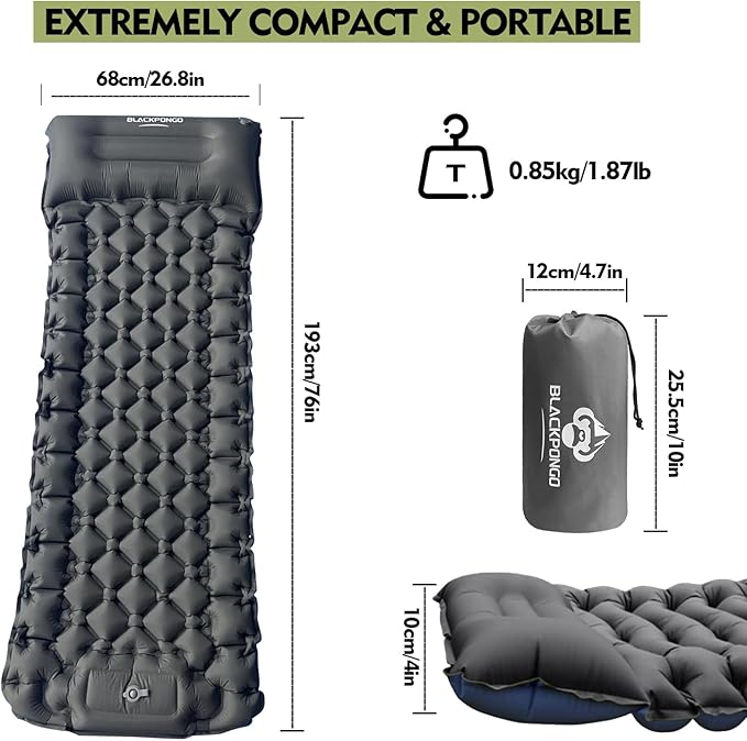 Camping Sleeping Pad, Ultralight Camping Mat with Pillow Built-in Foot Pump Inflatable Sleeping Pads Compact for Camping Backpacking Hiking Traveling Tent (Grey, Single)