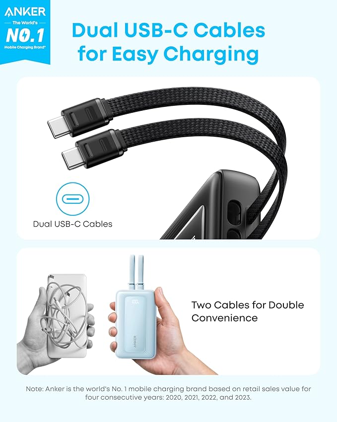 Anker Zolo Power Bank, 45W Max Fast Charging, 20,000mAh Battery Pack with Dual Built-in USB-C Cables, 1 USB-C&A Port, for iPhone 17/16 Series, Samsung, MacBook, iPad, and More