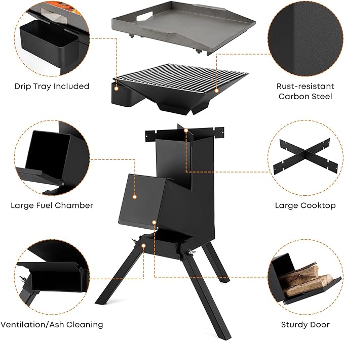 Stanbroil 3 in 1 Rocket Stoves with Grill Rack, Griddle and Pot Cooking Stand, Heavy Duty Wood Burning Stoves for Cooking, Camping wood Stove Kit for Off-Grid Supply, Outdoor Grilling Event