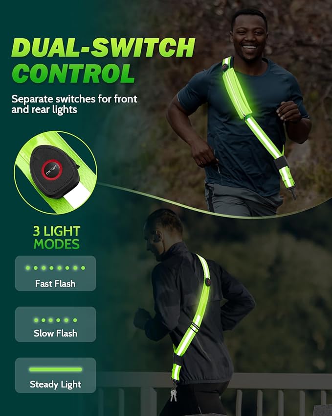LED Reflective Belt Sash - 5 Lights Colors & 3 Light Modes High Visibility Night Safety Belt, Rechargeable Light Up Running Gear Adjustable Vest Straps for Runners Walkers Men Women