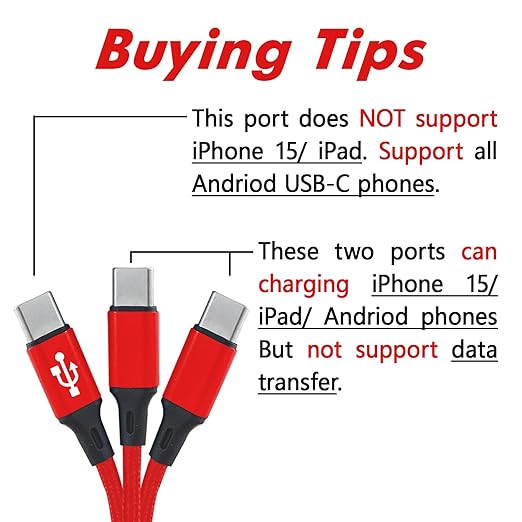 Multi USB C Cable 4FT 2Pack, 3 in 1 Multiple Type C Charging,3A Splitter USB-C Charging, Red Nylon Cord,USB C to 3 USB C Port, Compatible with iPhone 15,iPad Pro,Samsung S24,Google,Android,Kindle fire