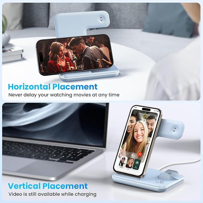 WAITIEE Wireless Charger 3 in 1 Charging Station for for iPhone 16 15 14 13 12 11 X 8 & for Apple Watch, for AirPods 1/2/3/Pro/Pro 2 with Lightning Charging Case(Blue)
