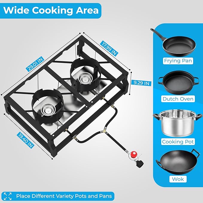 Tabletop Double Burner Camp Stove - 100,000 BTU Portable Propane Gas Cooker with CSA Regulator - Heavy-Duty Steel Frame for Camping, BBQ & Outdoor Cooking