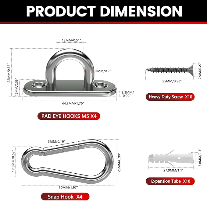 sprookber 304 Stainless Steel Pad Eye Snap Hooks, M5 Heavy Duty Ceiling Hooks, 500 lb Capacity Hammock Swing Hanging kit, Plant Hangers, Marine Hardware Staple Hook Loop with Screws, Set of 8