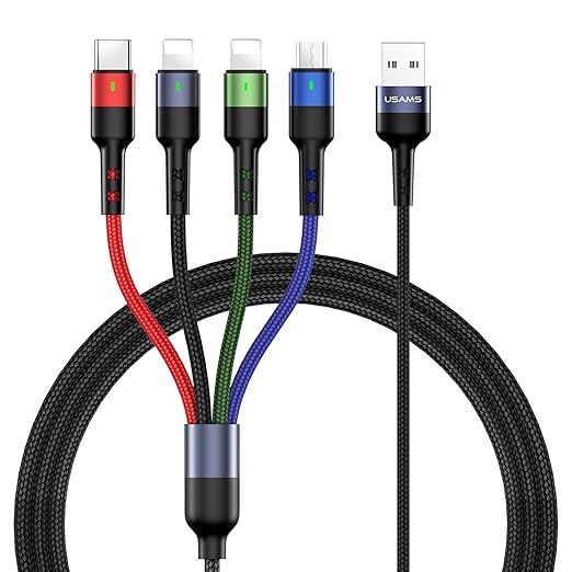 2Pack Multi Charging Cable USAMS Multiple Charger Cord Nylon Braided Short 4FT 4 in 1 USB Charge Cord with Phone/Type C/Micro USB Connector for Phone/Galaxy S20/S10S9/S8/S7 and More