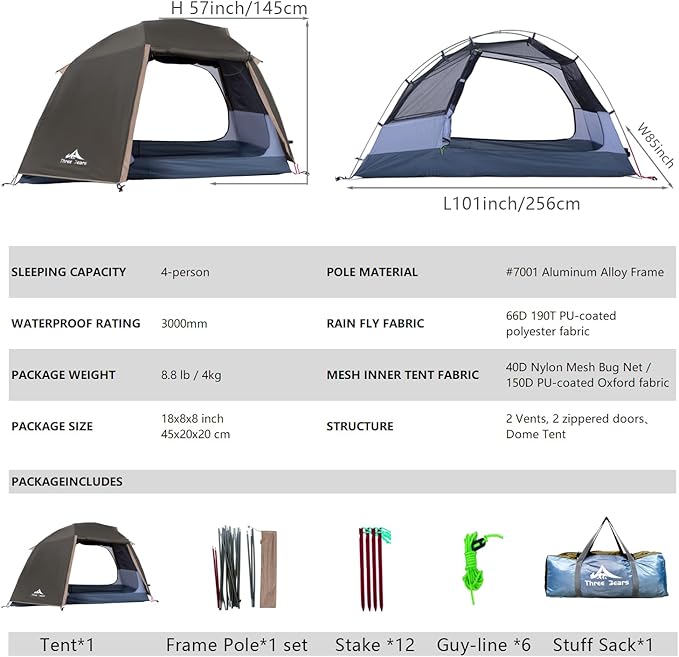 ThreeBears 4-Person Backpacking Tent Shelter, 3000mm Waterproof, Easy Setup, Spacious for Family Outdoor Adventures, Hiking, and Camping Trips