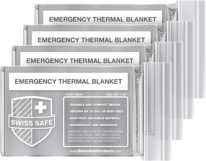 Swiss Safe 4 Pack Mylar Emergency Blankets for Survival - Compact & Insulated for Cold Weather - Designed for NASA, Outdoor, Running, Camping, Survival, First Aid Car Kit - Silver, 4 Pack