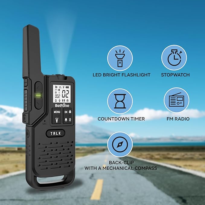 One BelFone Long Range Walkie Talkie,20 Channels Professional Two Way Radio,IP54 Waterproof Walkie Talkies for Adults,with Flashlight, Stopwatch,Compass,Radio and SOS Sire,Support VOX Function