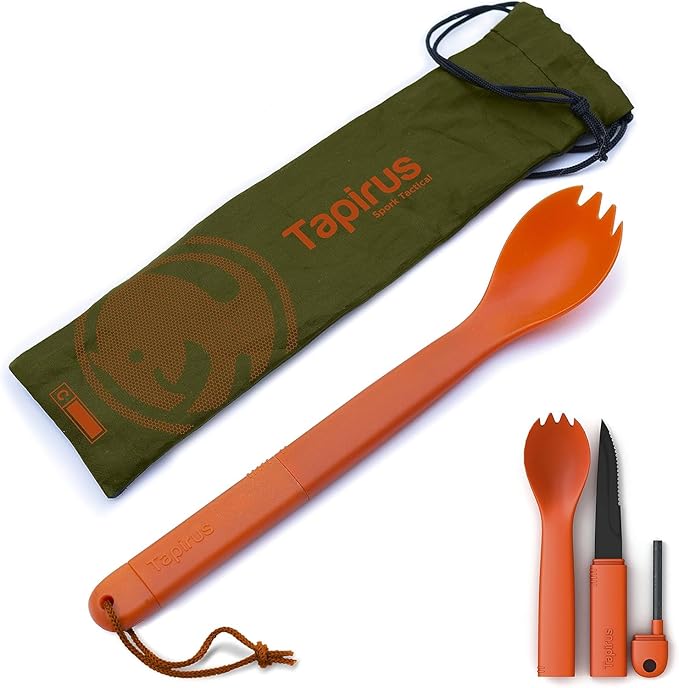 Tapirus Spork Tactical Orange | BPA Free Spoon Fork, Stainless Steel Knife and Fire Starter | 3 in 1 multipurpose utensil | Outdoor hiking, camping & backpacking gear | Fit for MRE