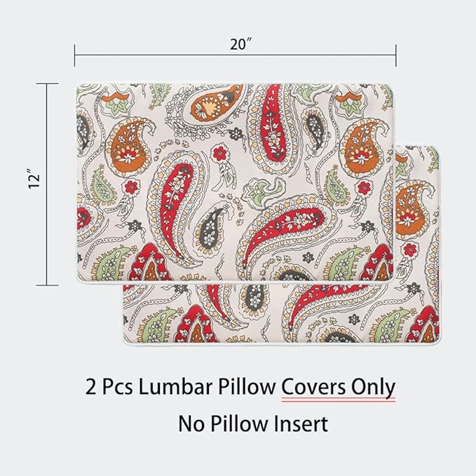 Magpie Fabrics Pack of 2 Outdoor Lumbar Pillow Case Covers 12"x20", Waterproof Rectangular Throw Pillowcase Shell Decorative Sham for Patio Garden Couch - Paisley Red Beige
