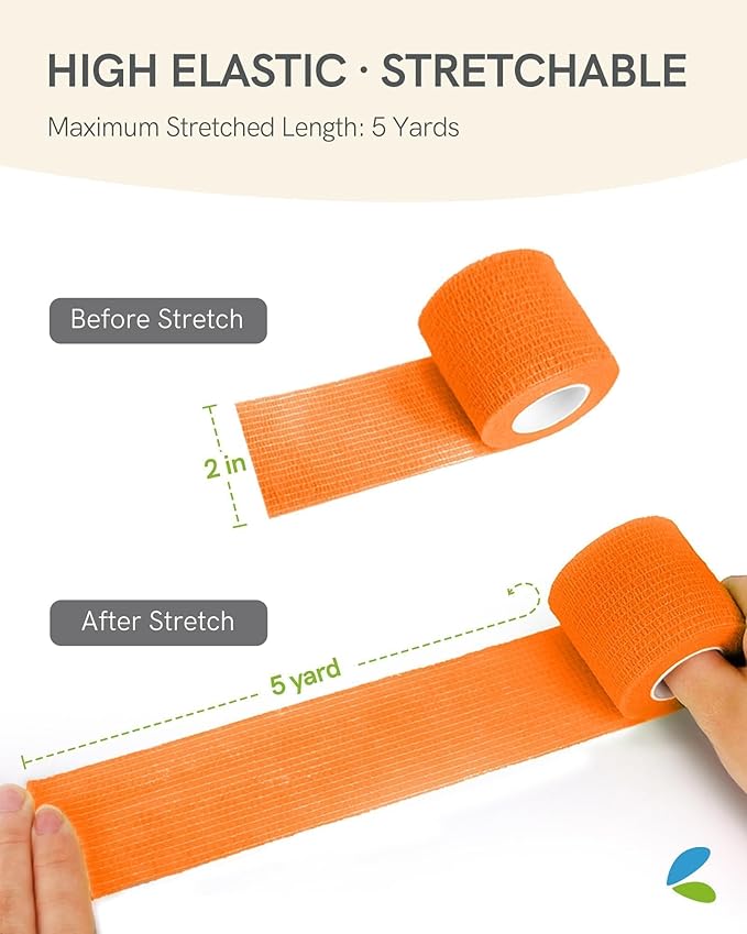 FriCARE Self Adhesive Bandage Wrap, Medical Tape in First Aid Kit, Cohesive Bandages for Wounds Sport Vet, FSA/HSA Eligible, 2 Inches X 5 Yards 6 Rolls, Orange