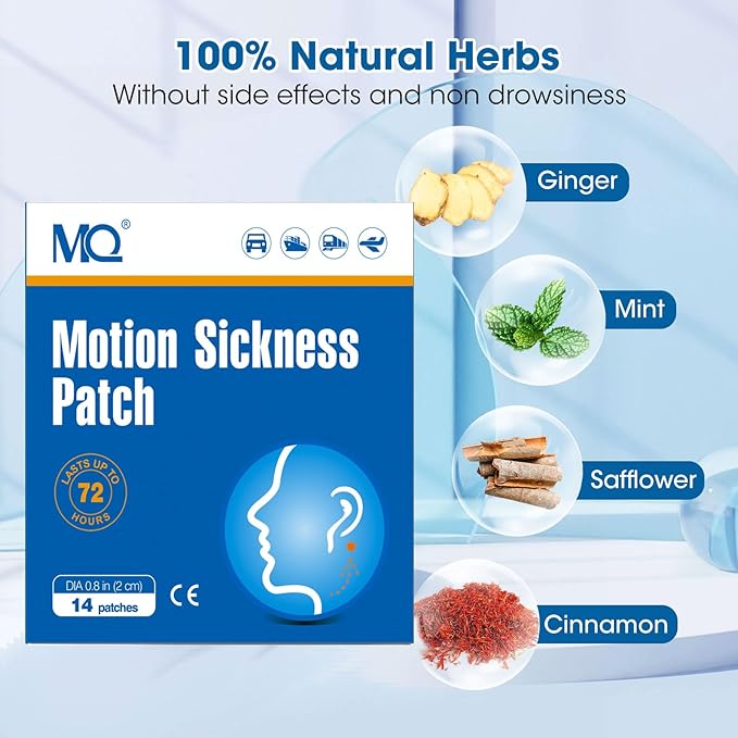 MQ 84ct Motion Sickness Patches Non Drowsy, Sea Sickness Patches for Cruise Travel Essentials, Waterproof Patch Behind Ear for Car Airplane Altitude Sickness, Long Last 72H