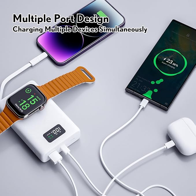 pzoz 20000mAh Portable Power Bank Powerbank Battery Pack with Apple Watch Magnetic Wireless Charger,USB Type C PD Fast Charging Cable Travel High Capacity Compatible iWatch iPhone 17 16 15 (White)