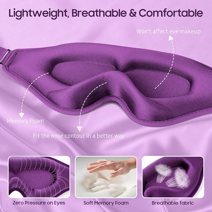 Sleep Mask, Premium Eye Mask for Sleeping, 3D Ergonomic Designed Sleeping Mask, Upgraded Light Blocking & Blindfold Sleep Masks for Women, Men (Purple)