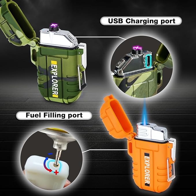 2 Pack Waterproof Outdoor Lighter Plasma Windproof Torch Lighters Dual Arc Lighters Electric USB Rechargeable Lighter Flameless EDC Camping Adventure Survival Tactical Gear