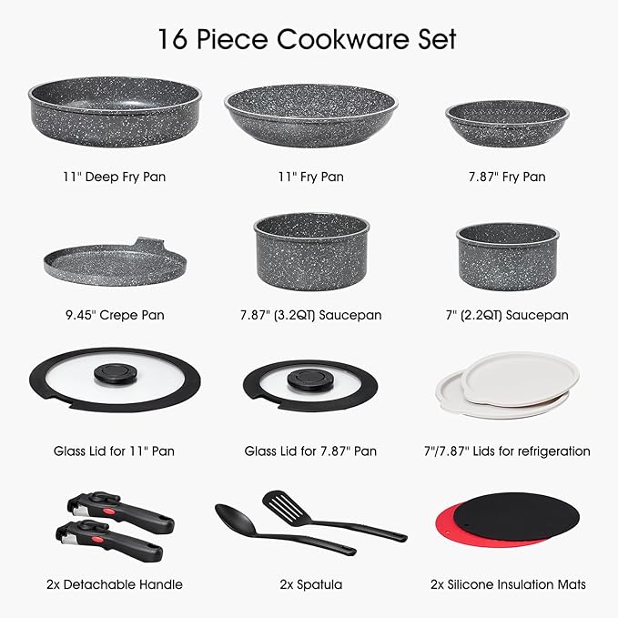 16pcs Aluminium Nonstick Pots and Pans Set from France with detachable Handle, Stackable, Ceramic RV Kitchen Cookware Sets Removable Handle, PFOA and PTFE Free, Oven Safe, Induction