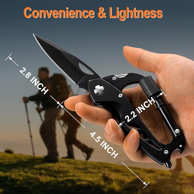 Stocking Stuffers for Men Adults, Multitool Carabiner with Pocket Knife, Christmas Gifts for Men Him, Folding Knives, Bottle Opener, Window Breaker and Screwdriver, Survival Gear for Camping Hiking