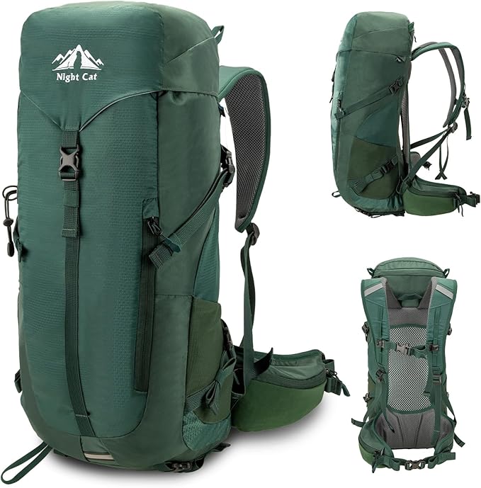 Night Cat Internal-frame Hiking Backpack: 30L Camping Backpack for Men Women Lightweight Waterproof Rain Cover Green