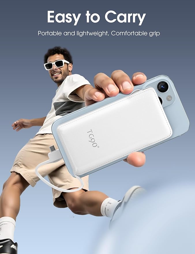 TG90° Portable Charger Power Bank with Built-in AC Wall Plug and Cables, 10000mAh USB C External Battery Charger Compatible with iPhone and Android Phones