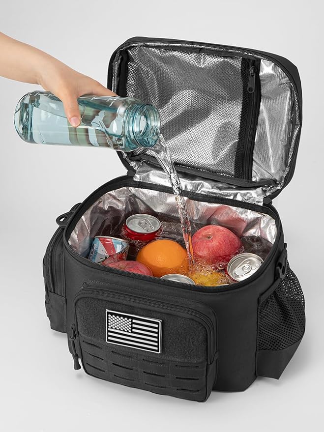 QT&QY Tactical Lunch Bag for mens Military heavy duty lunch box work Leakproof insulated Durable Thermal Cooler Bag for Adult Meal for Office Camping Picnic Pail MOLLE Webbing Black