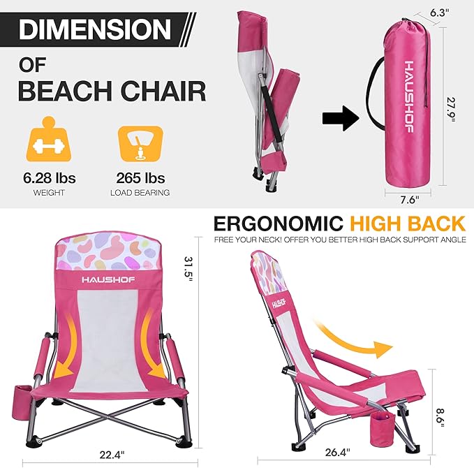 HAUSHOF High Back Beach Chair, Mesh Back Folding Chair, Lightweight Low Seat Camping Chairs with Cup Holder, Carry Bag, Padded Armrest for Outdoor Beach Lawn Camping Picnic Festival