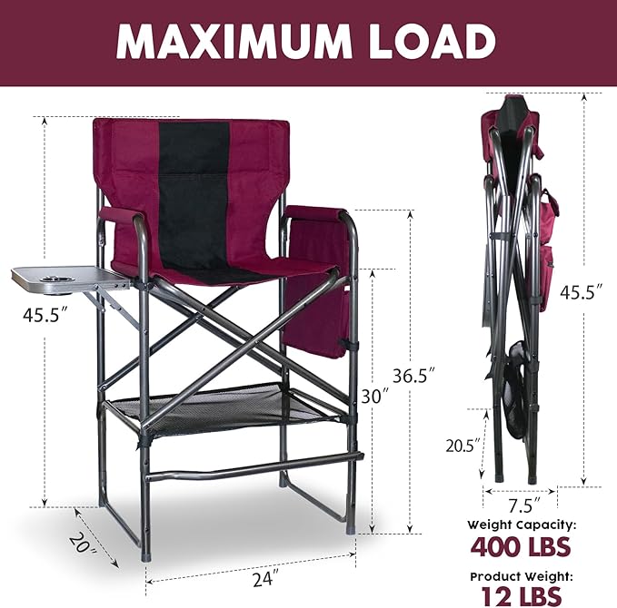 30" Tall Directors Chair with Side Table, 400LBS Bar Height Folding Camping Chair for Makeup Artists, Outdoor Events, Portable Foldable Chair with Cup Holder & footrest - Wine Red/Black