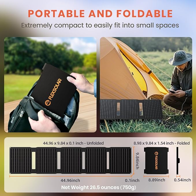Upgraded FlexSolar 40W Portable Solar Panels Chargers with PD2.0 USB-C,QC3.0 USB-A and DC Outputs Foldable IP67 Waterproof Power Emergency Camping for Small Power Station,Phones, Power Banks