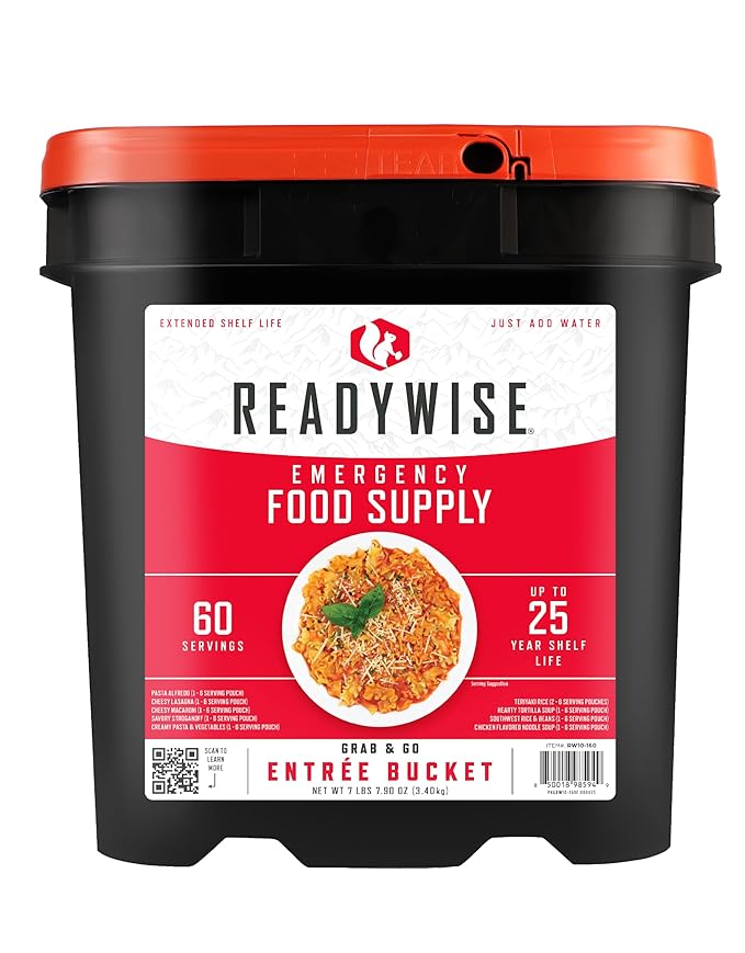 ReadyWise Entrée Bucket - 60 Servings, Emergency Food Supply for Survival Kit, Protein Meals, Freeze Dried Food, Ready to Eat Camping & Road Trip Essentials, up to 25 Year Shelf Stable Life