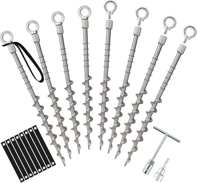 8 PCS Screw in Tent Stakes for Women Men Ground Anchors for Sand, Trampolines, Camping - Aluminium Heavy Duty Rust Prevention Pegs Spikes Drillable Threaded Anchor Stake - Silvery 14 inch