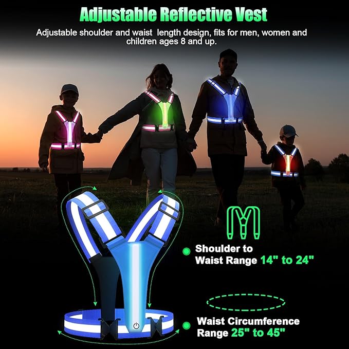 LED Reflective Vest Running Gear, 5 Colors Lights Up Running Vest for Night Walking Cycling Jogging, Adjustable Size for Men Women Kids, Rechargeable and High Visible